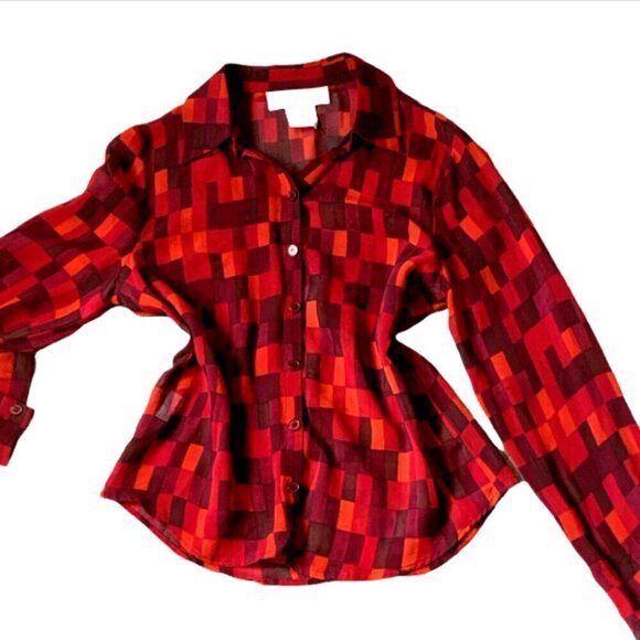 Jones New York Sheer Silk Button Up Blouse Sz 6 Burgundy Multicolor #27M - Picture 2 of 8